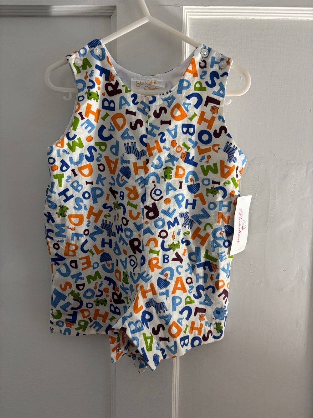 Alphabet Print Toddler Romper in Blue, Orange & Green